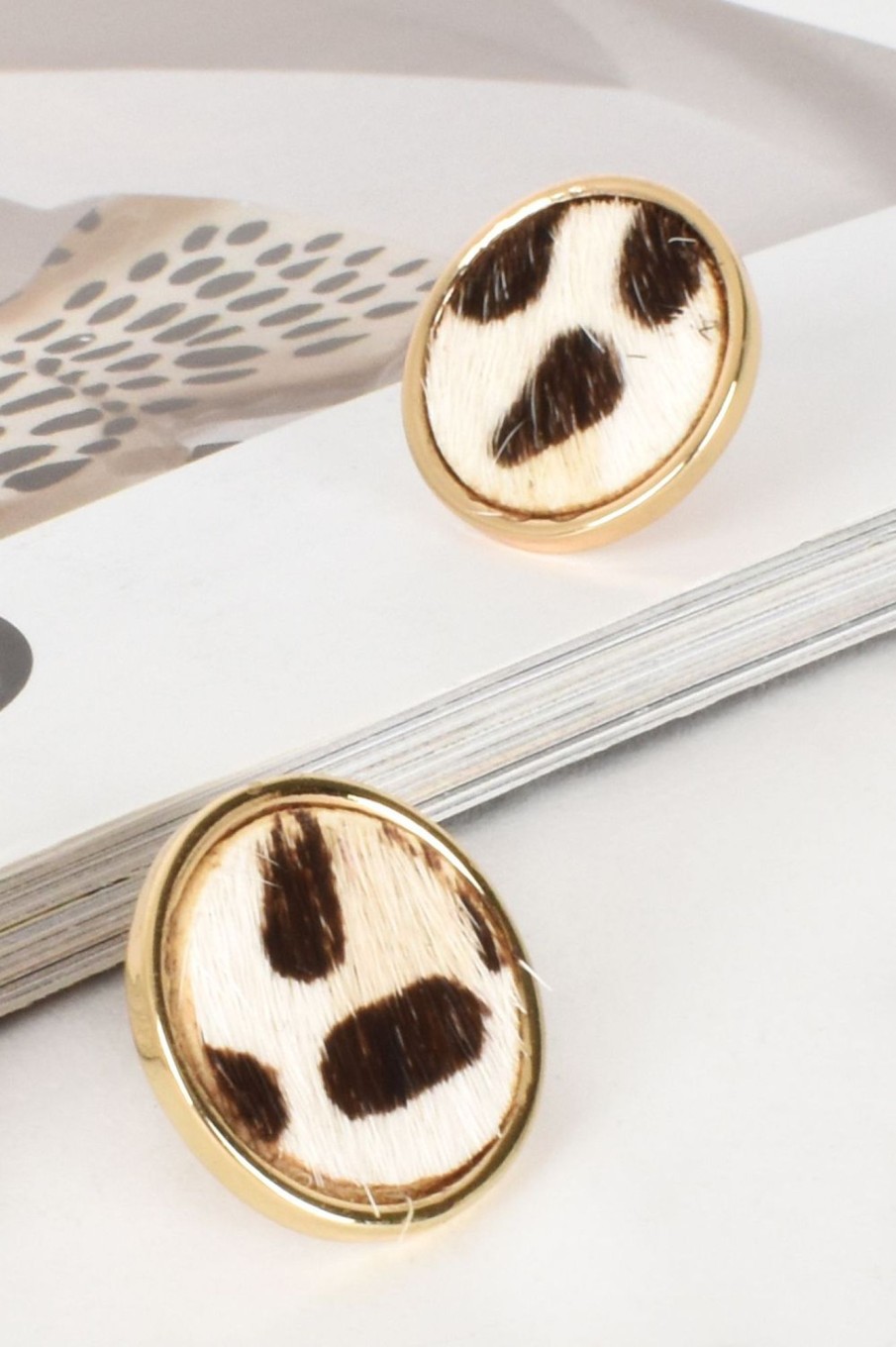 Accessories Adorne | Hide Button Stud Earrings | Cream Leopard