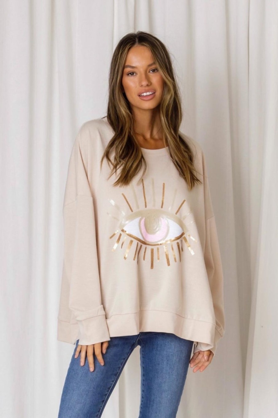 Tops Fashion Express | Third Eye Sequin Sweat | Nude