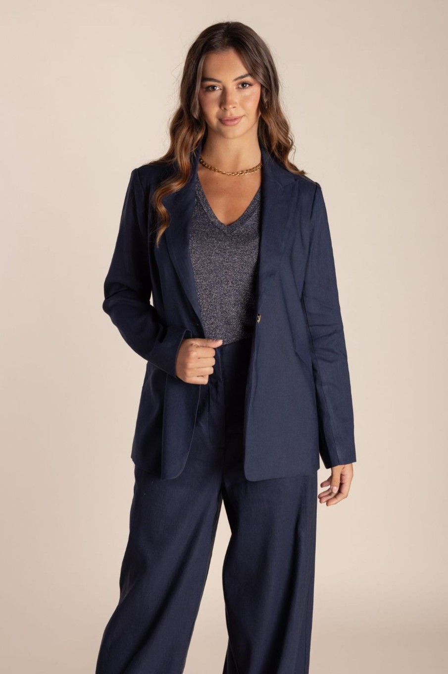 Tops Two T's | Single Breasted Linen Blazer | Navy