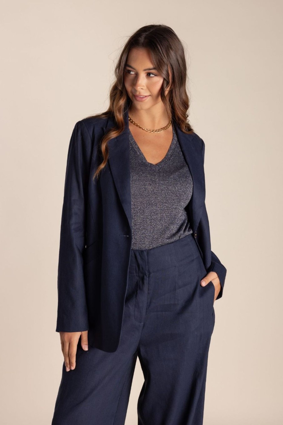 Tops Two T's | Single Breasted Linen Blazer | Navy