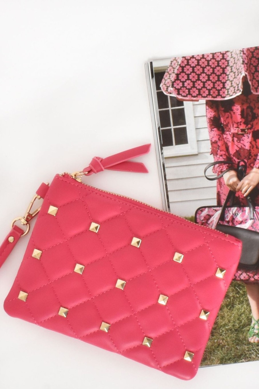 Accessories Adorne | Charlotte Fine Studded Quilt Pouch | Hot Pink