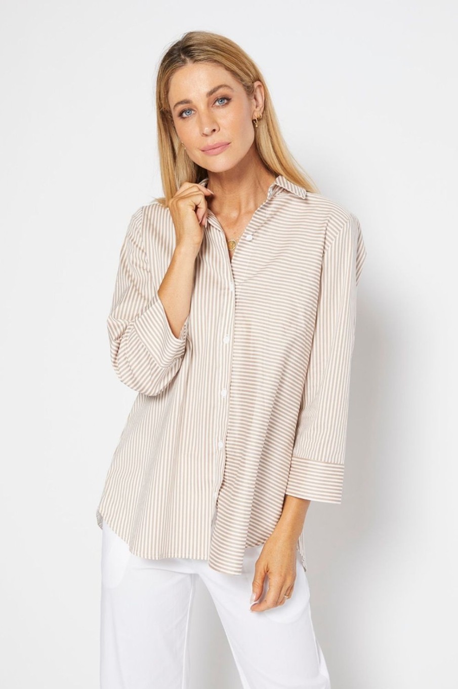 Tops Philosophy | Regina Shirt | Camel Stripe