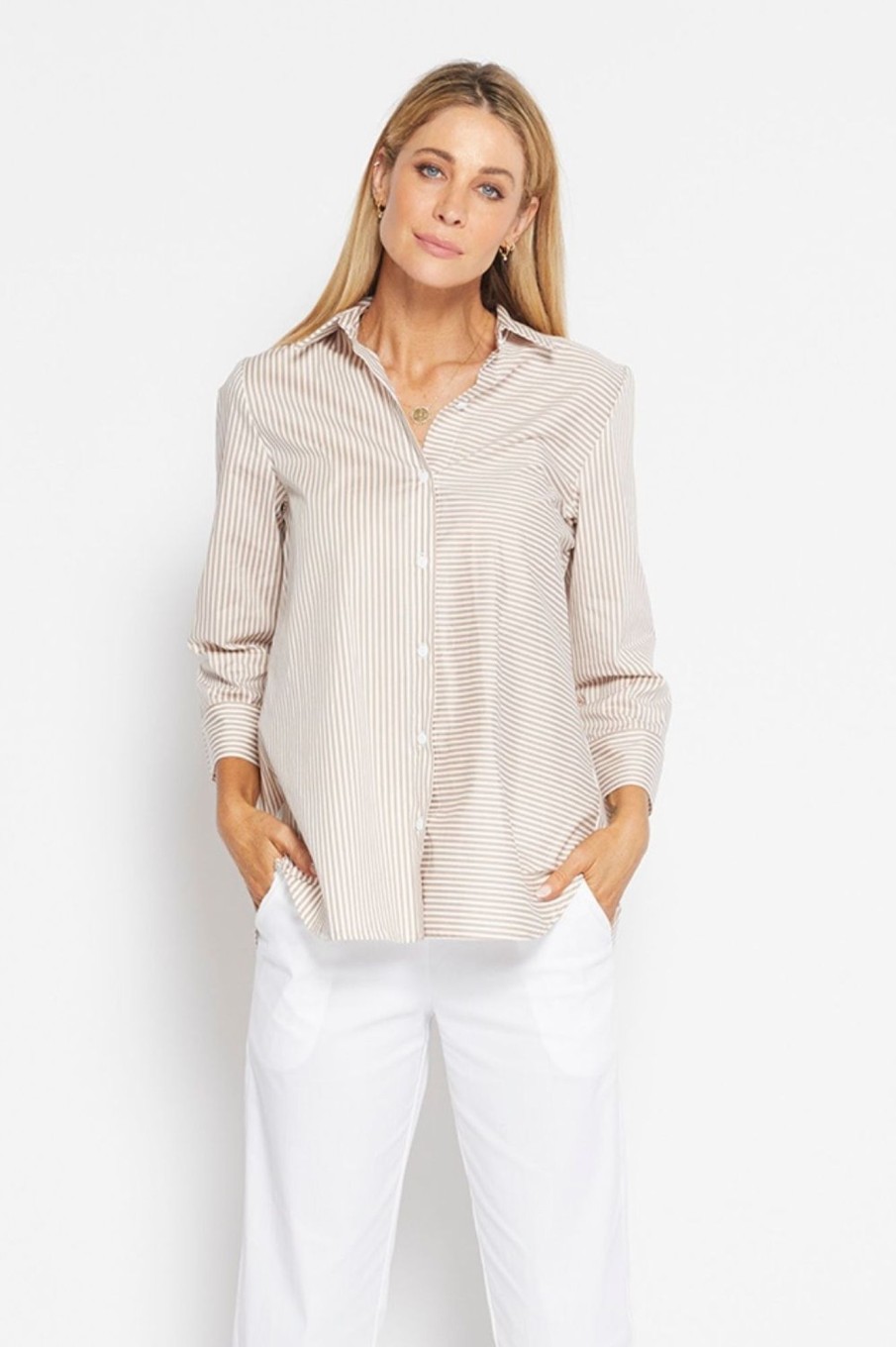 Tops Philosophy | Regina Shirt | Camel Stripe