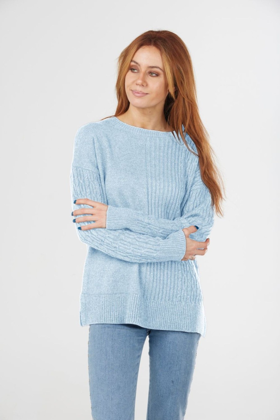 Tops Fields | Rib And Cable Pullover | Light Blue