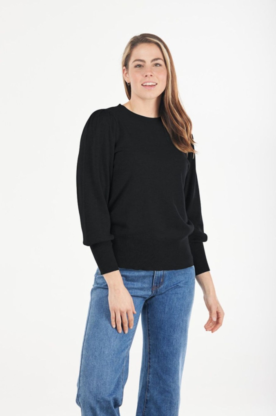 Tops Bridge u0026 Lord | Crew Neck Pullover Puff Sleeve | Black