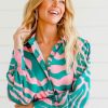 Tops Fashion Express | Wave Print Button Shirt | Pink/Green