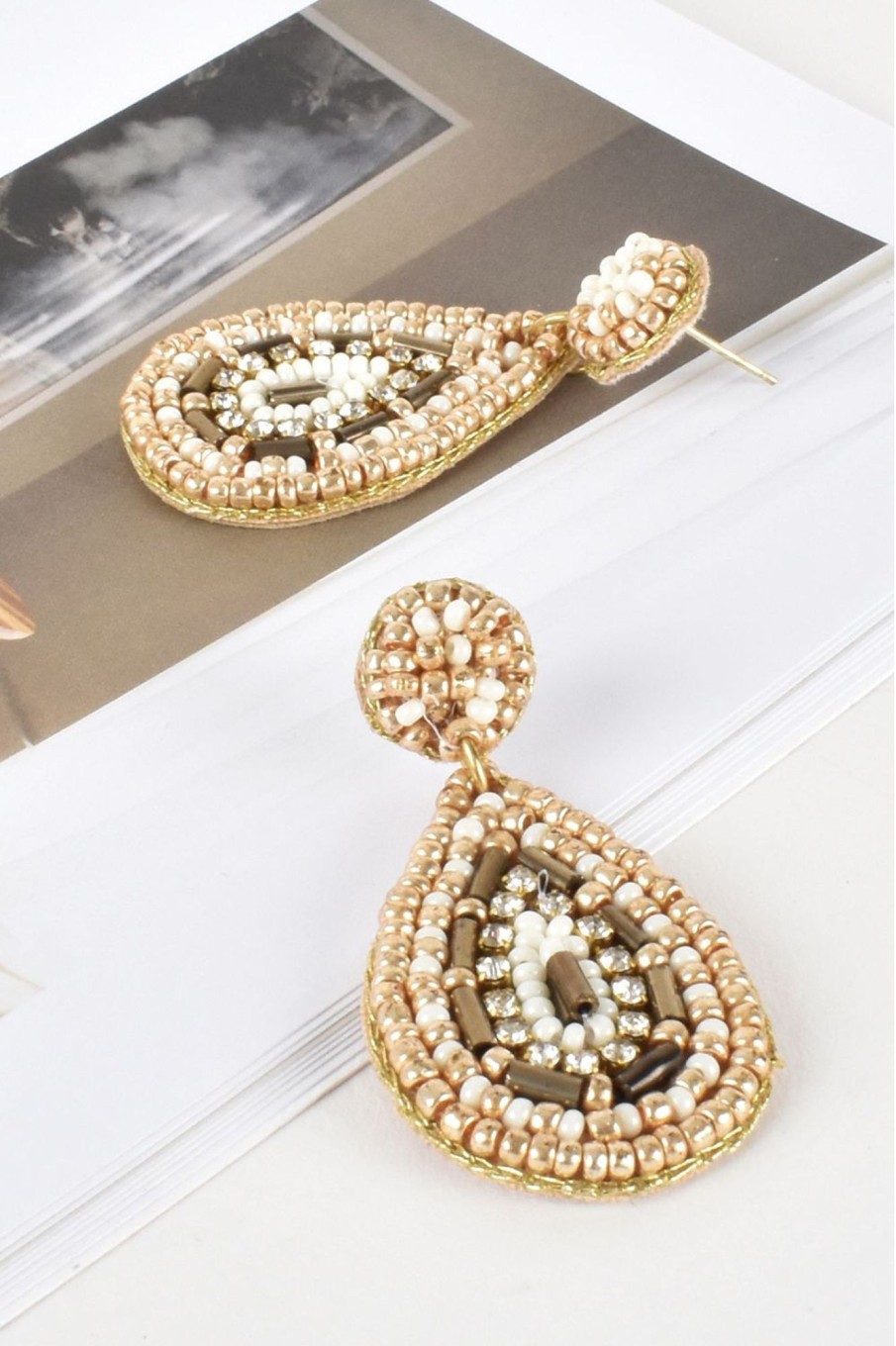 Accessories Adorne | Beaded Teardrop Earring | Natural