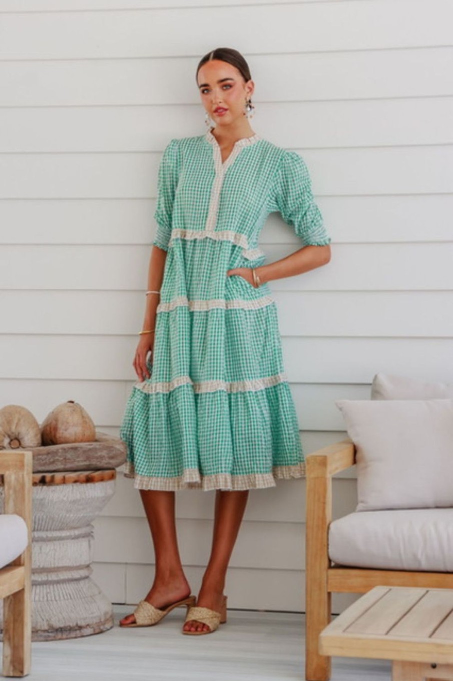 Dresses Fashion Express | Gingham Ruffle Dress | Green/Latte