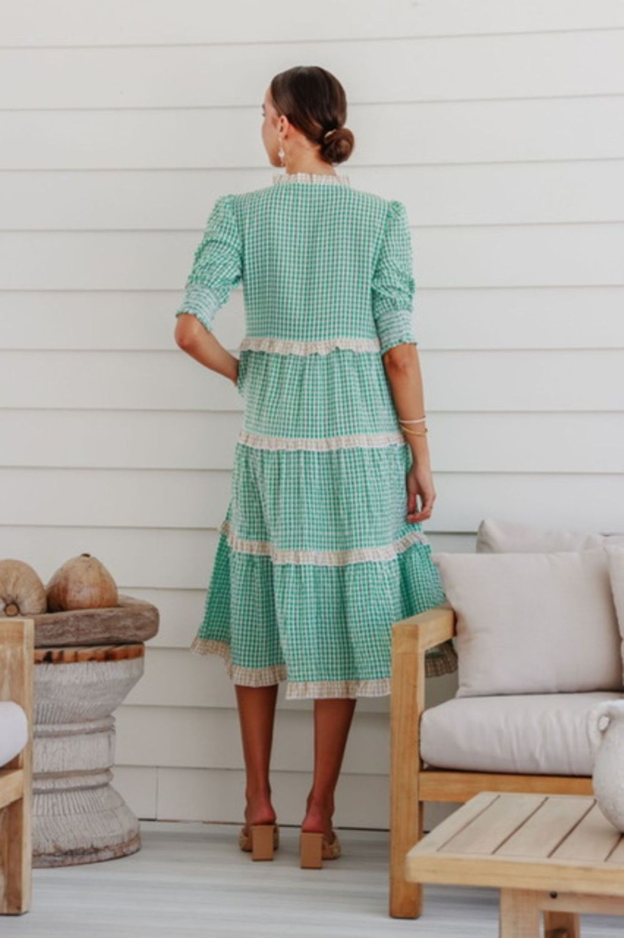 Dresses Fashion Express | Gingham Ruffle Dress | Green/Latte