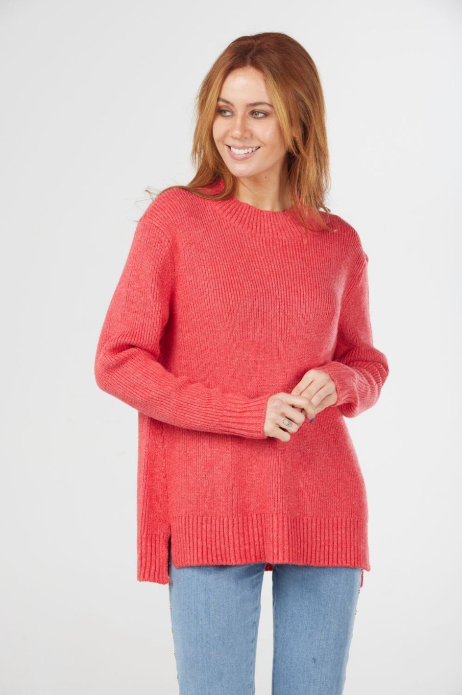 Tops Fields | Ribbed High Neck Pullover | Red