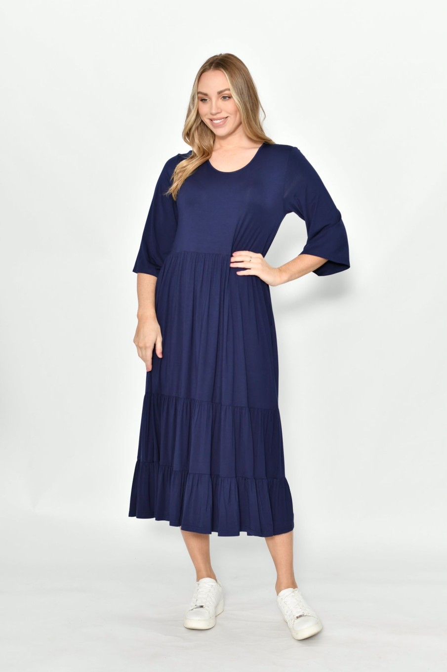 Dresses Fashion Express | Half Sleeve Tiered Jersey Dress | Navy