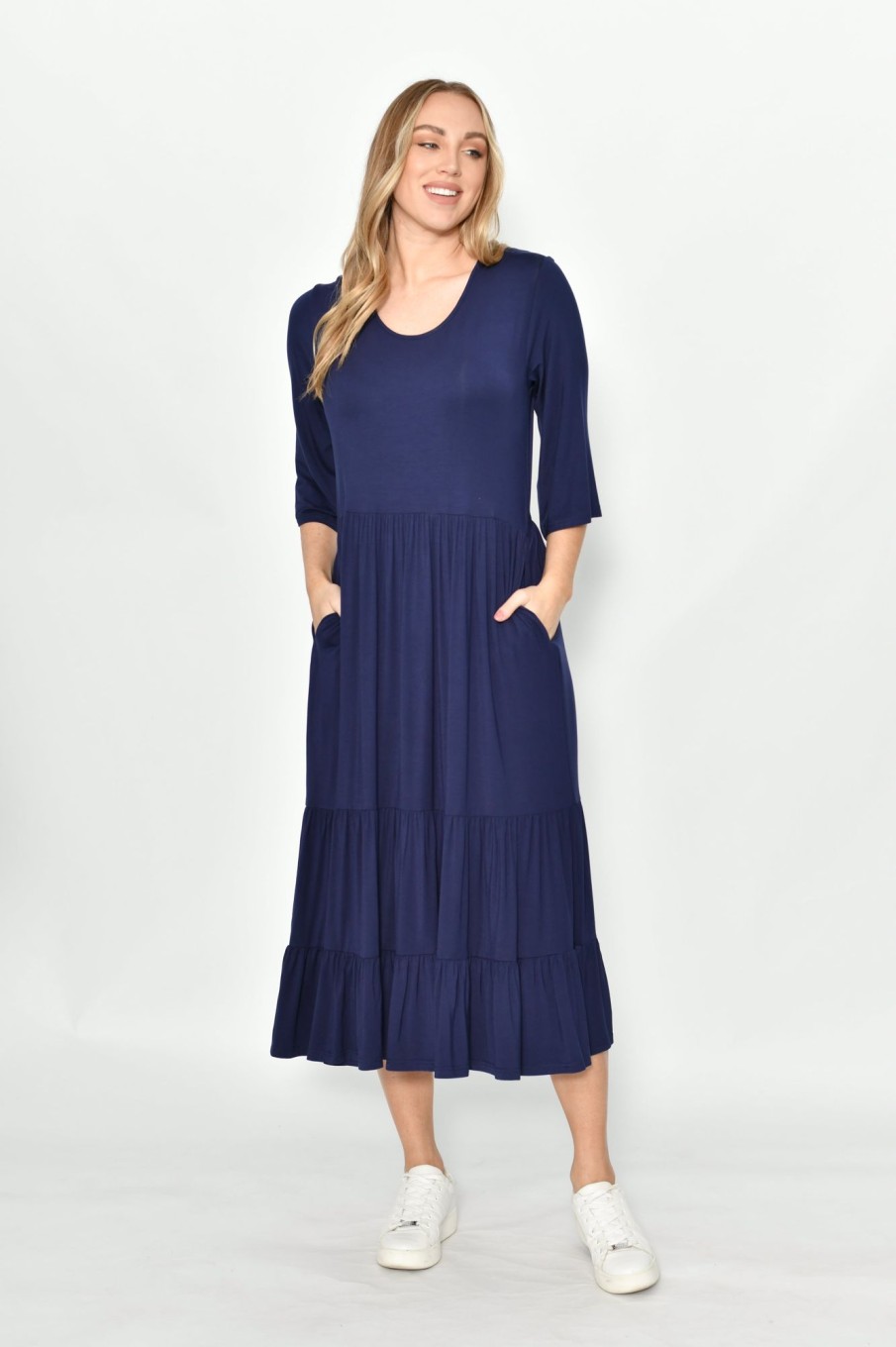 Dresses Fashion Express | Half Sleeve Tiered Jersey Dress | Navy