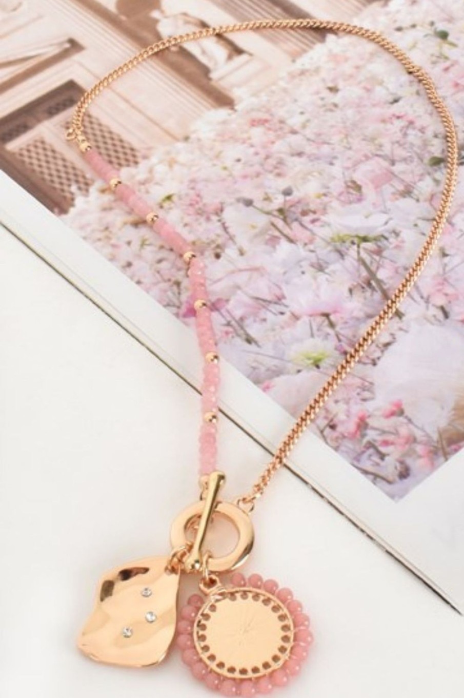 Accessories Adorne | Stone Detail Charm Necklace | Pink/Rosegold