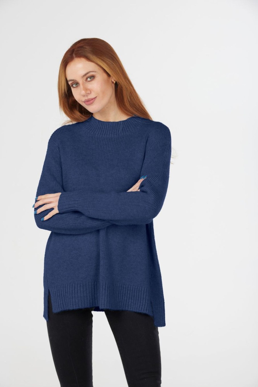 Tops Fields | Ribbed High Neck Pullover | Denim