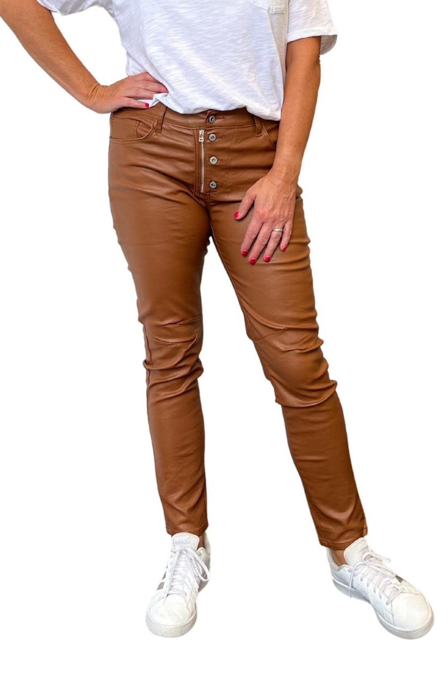 Bottoms Silvermaple Collection | Waxed Button Zip Italian Jean | Camel