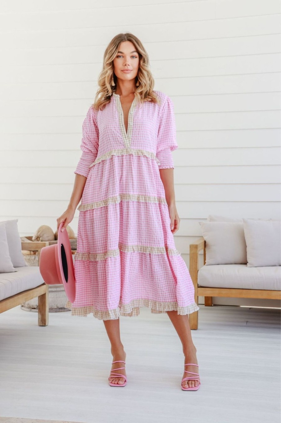 Dresses Fashion Express | Gingham Ruffle Dress | Pink/Latte