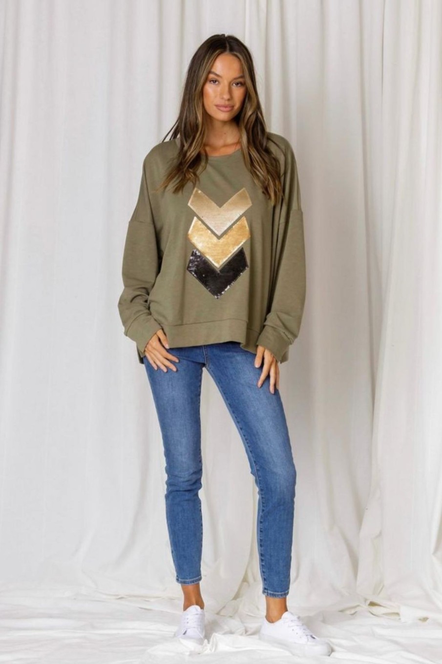 Tops Fashion Express | Tully Sequin Sweat | Khaki/Gold