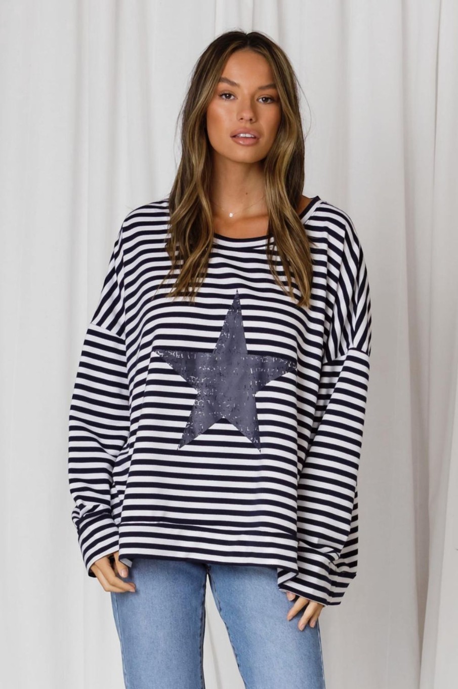 Tops Fashion Express | Sadie Stripe Star Sweat | Navy/Black