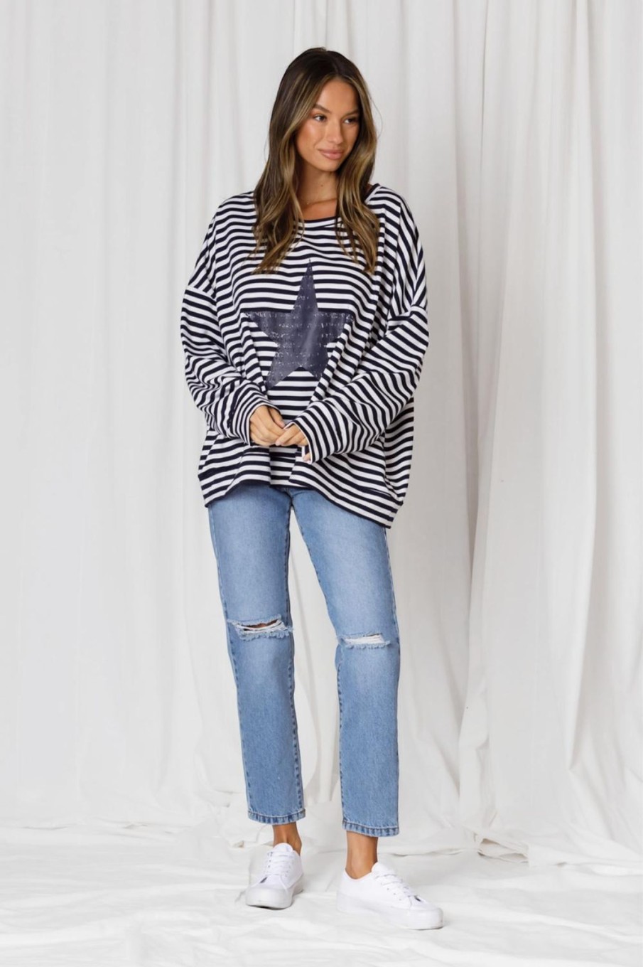 Tops Fashion Express | Sadie Stripe Star Sweat | Navy/Black