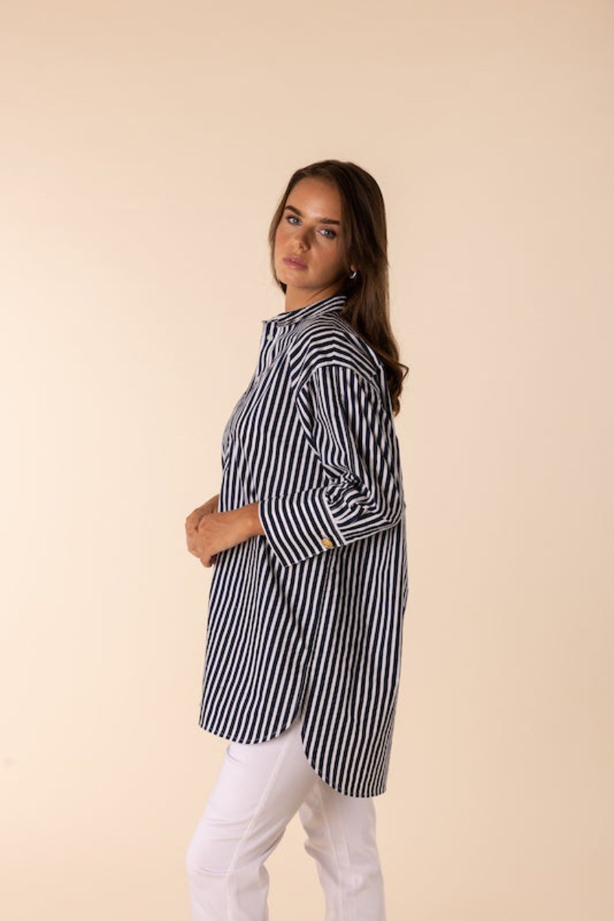 Tops Two T's | Stripe Over Shirt | Navy/White