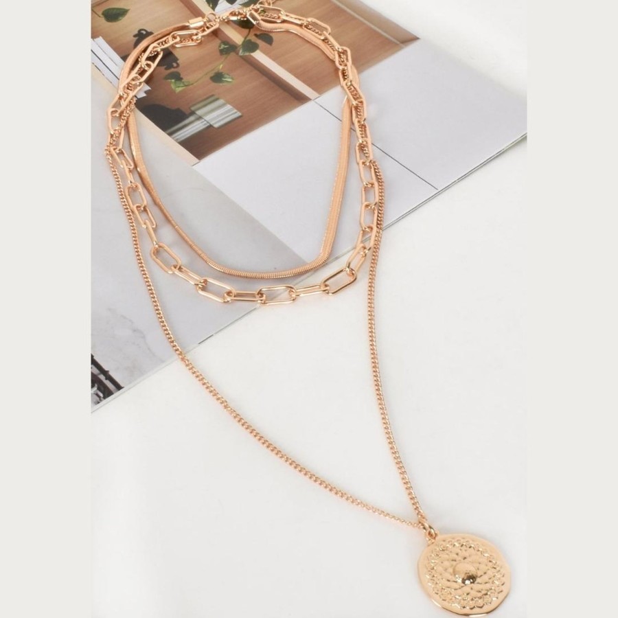 Accessories Adorne | Patterned Medallion Layer Necklace | Gold / Cream