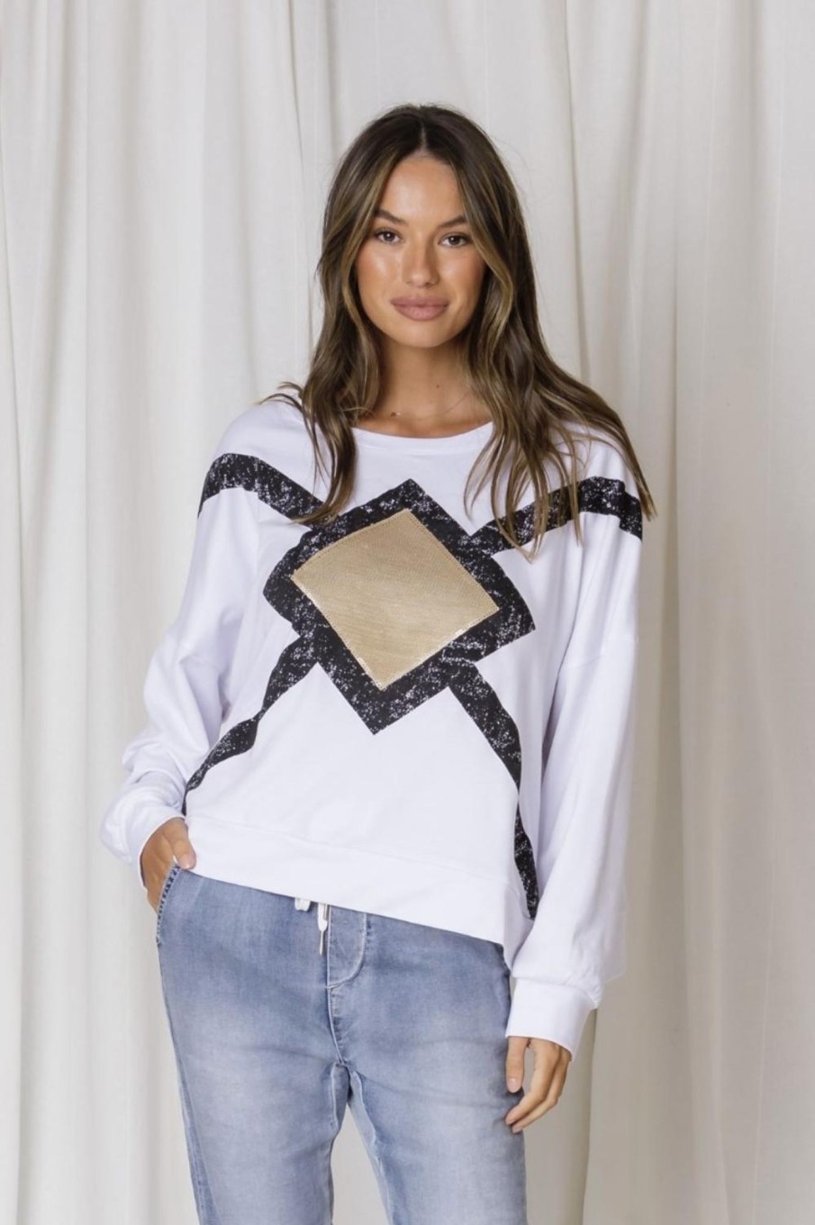 Tops Fashion Express | Fleur Sequin Diamond Sweat | White/Gold