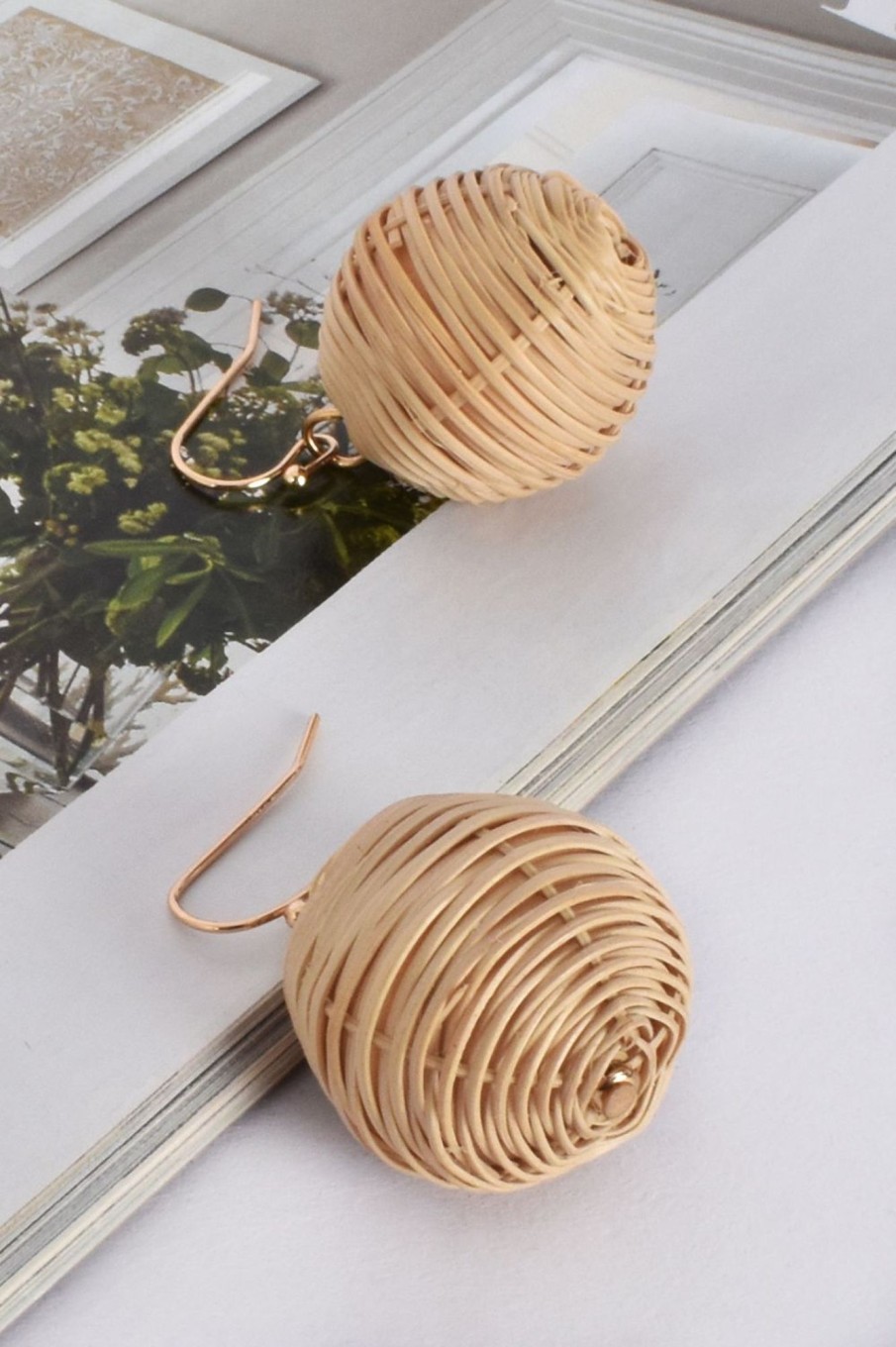 Accessories Adorne | Lena Rattan Ball Drop Earrings | Natural