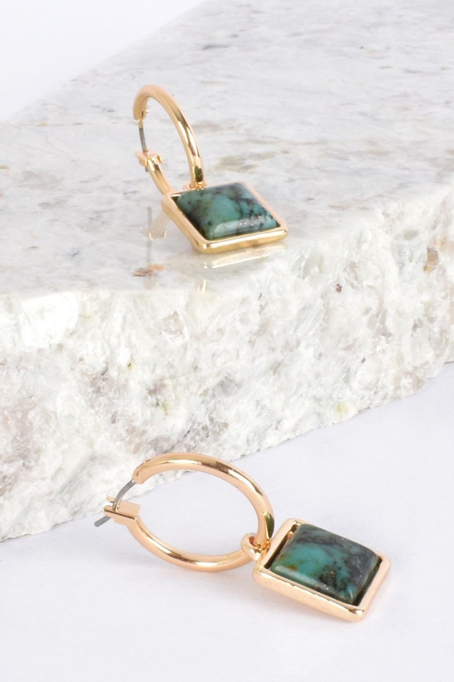 Accessories Adorne | Square Stone Mini Hoops | Green U0026 Gold