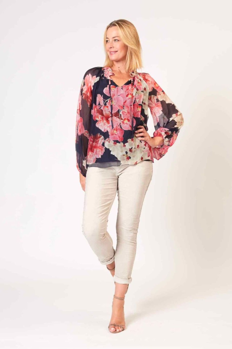 Tops La Strada | High Frill Tied Neck Top | Navy/Pink Floral