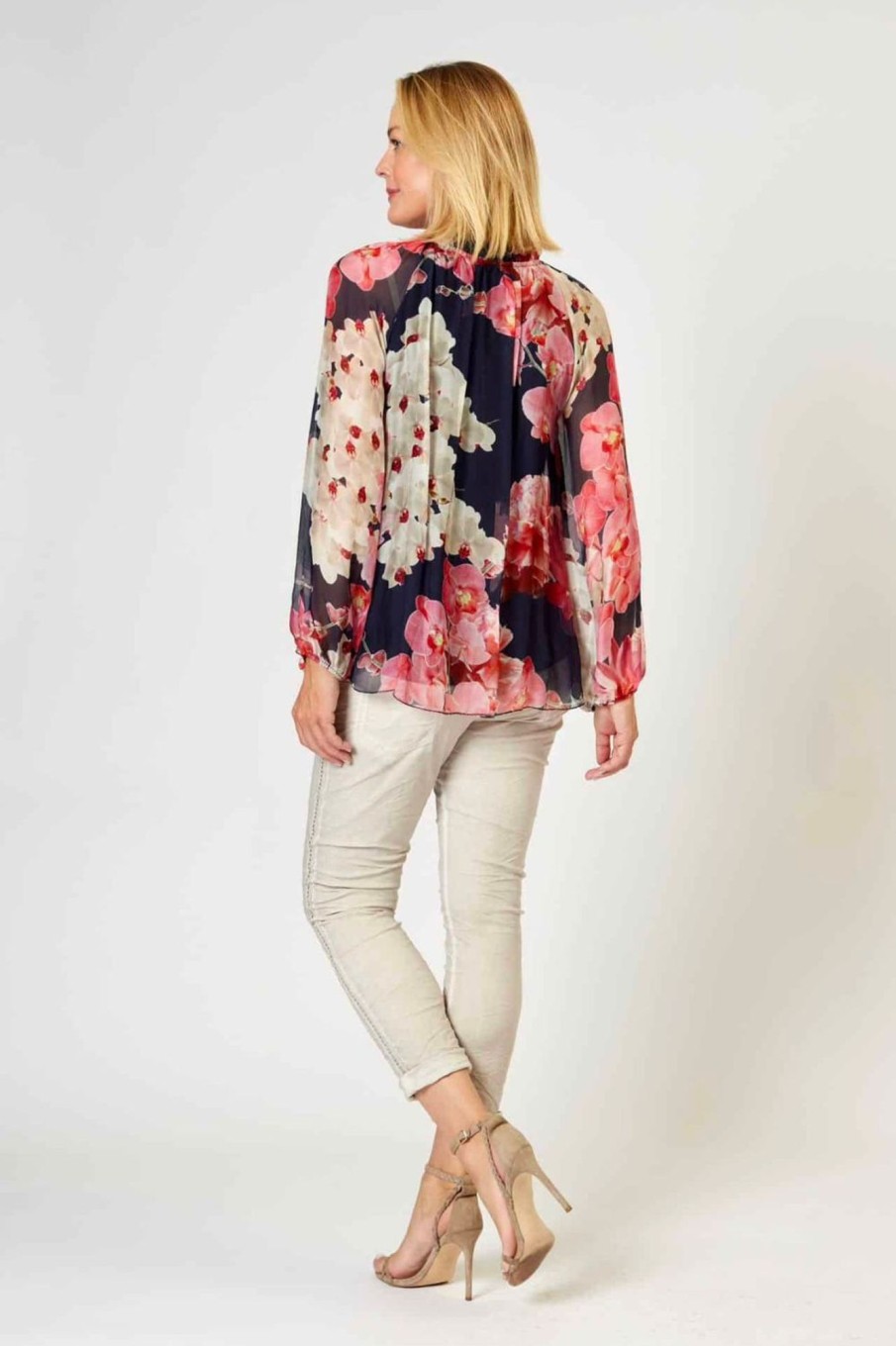 Tops La Strada | High Frill Tied Neck Top | Navy/Pink Floral