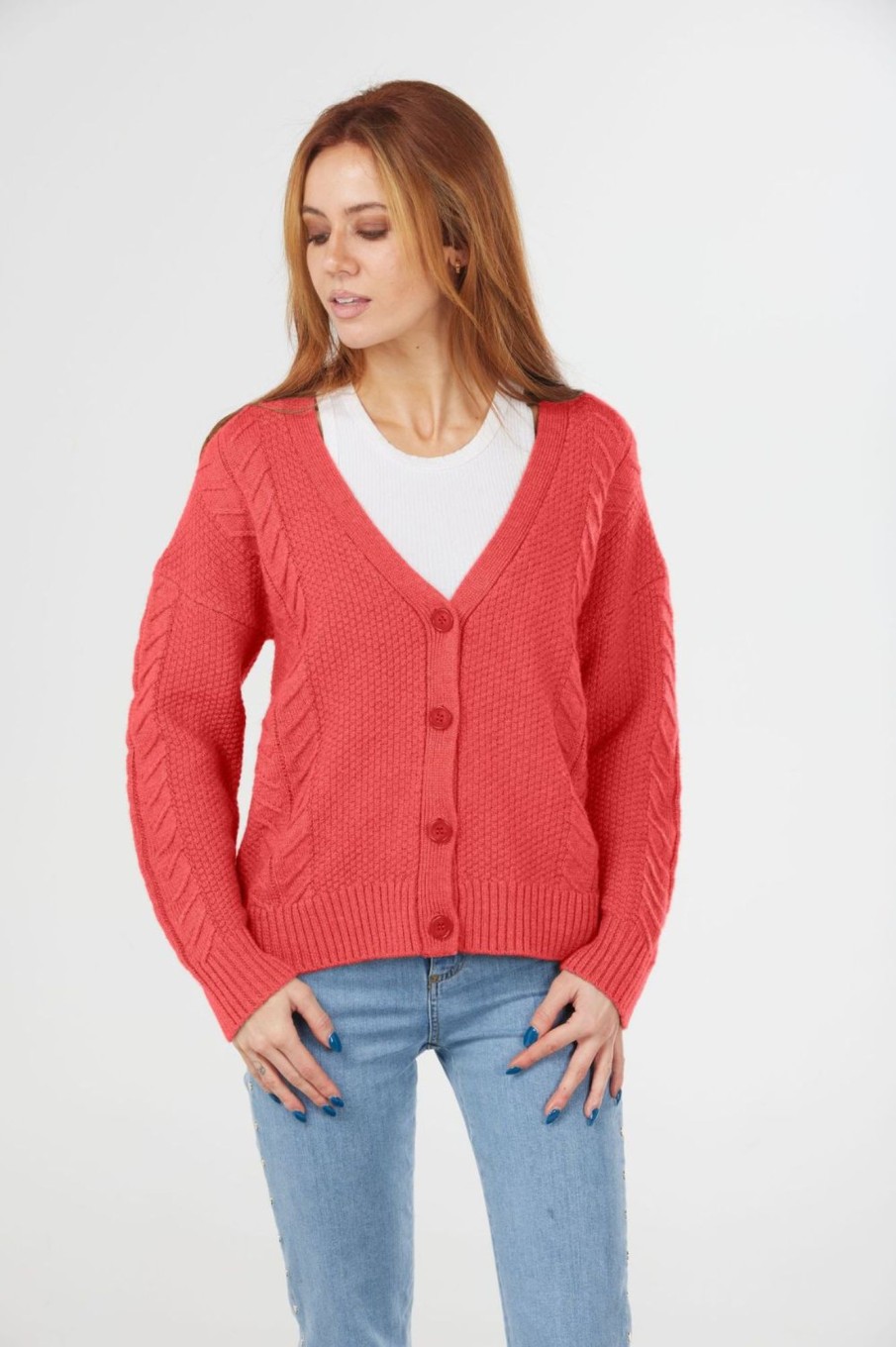 Tops Fields | Moss Stitch Cropped Cardigan | Red