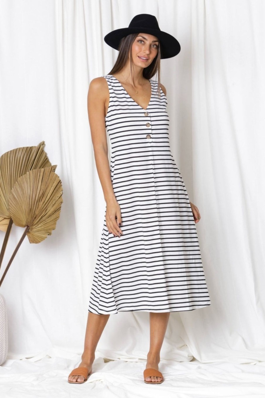 Dresses Fashion Express | Marina Button Down Stripe Midi Dress | White Stripe