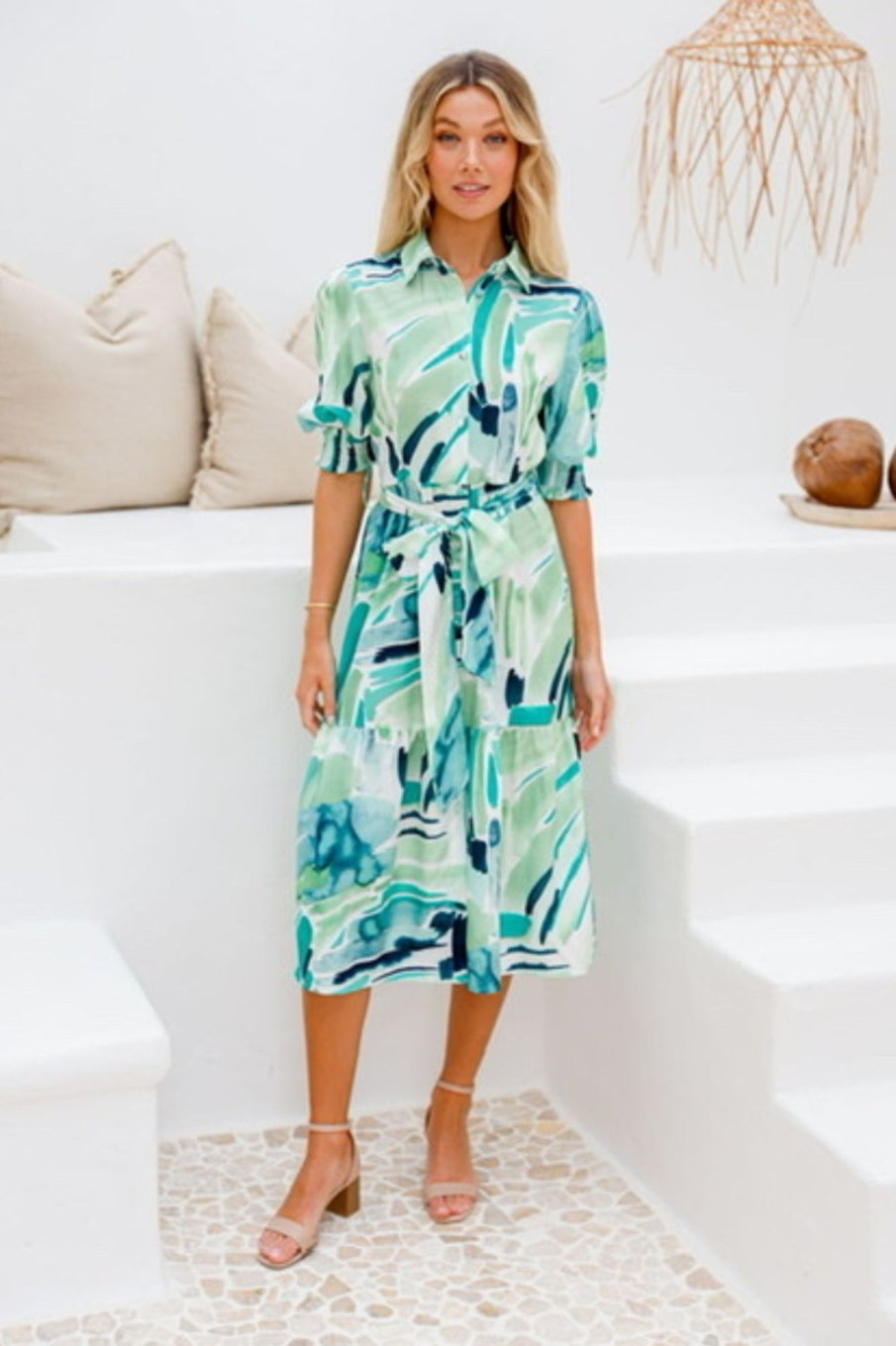 Dresses Fashion Express | Parisian Nights Shirred Sleeve Dress | Green Abstract Print