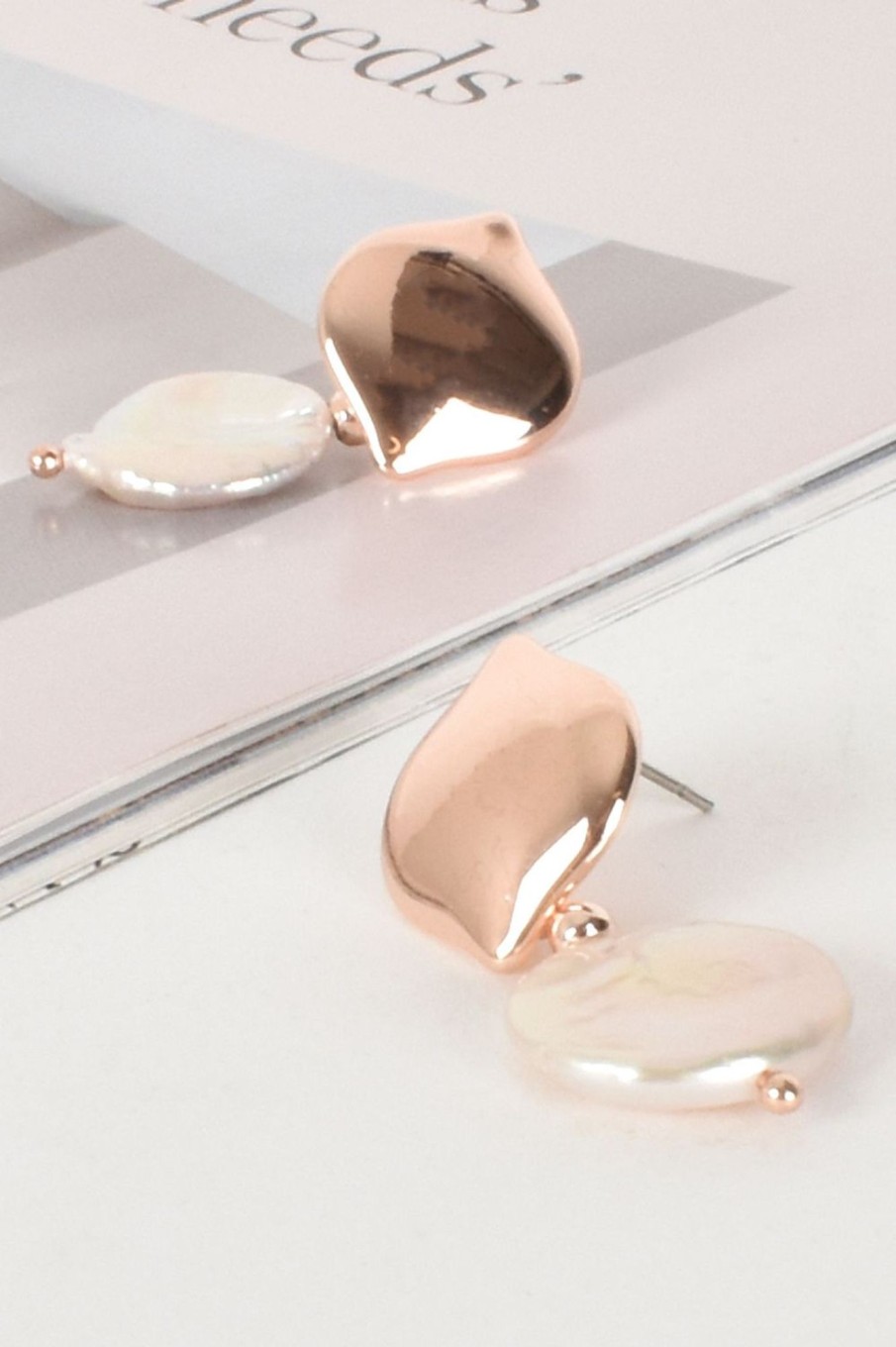 Accessories Adorne | Button Top Pearl Drop Earrings | Rosegold