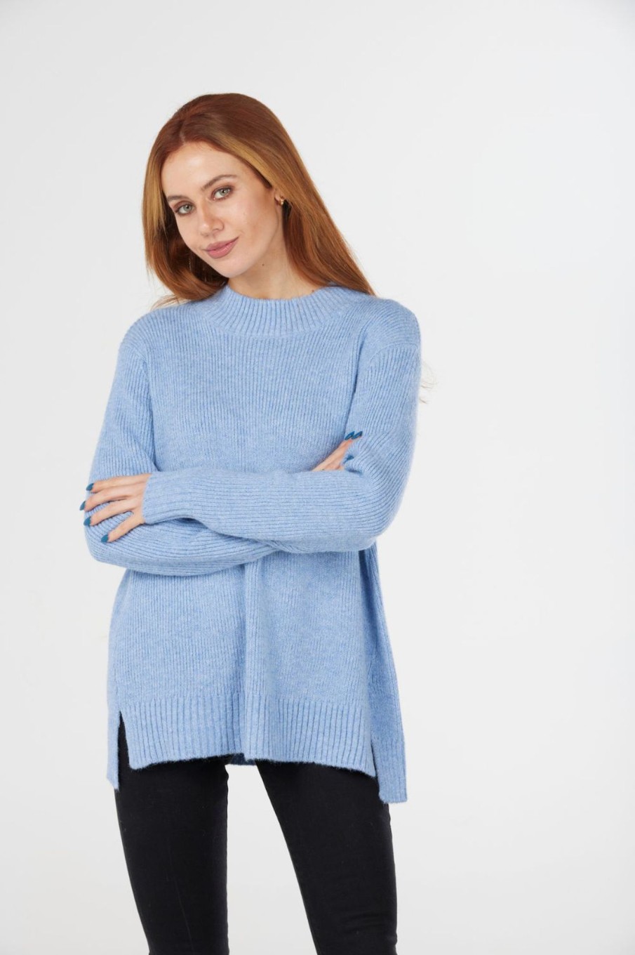 Tops Fields | Ribbed High Neck Pullover | Light Blue